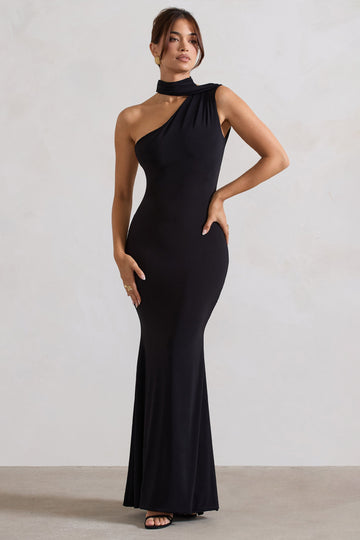 Capucine Black One Shoulder Draped Maxi Dress